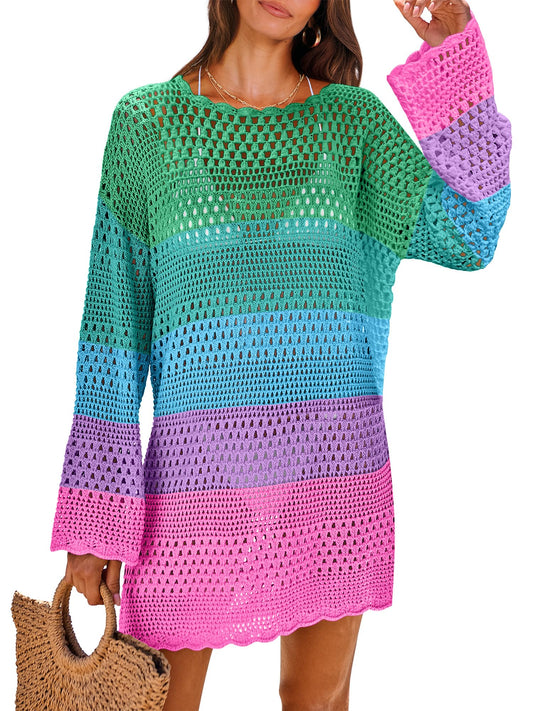 ANRABESS Women Swimsuit Crochet Swim Cover Up 2026 Summer Bathing Suit Swimwear Mesh Knit Beach Dress Vacation Outfits Rainbow Stripe Colorful Medium