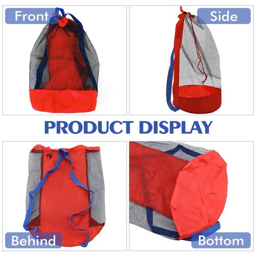 Mesh Beach Bag Drawstring Beach Backpack Foldable Toy Organizer Pouch Shell Basketball Mesh Backpack Large Capacity Swim Bag (Red)