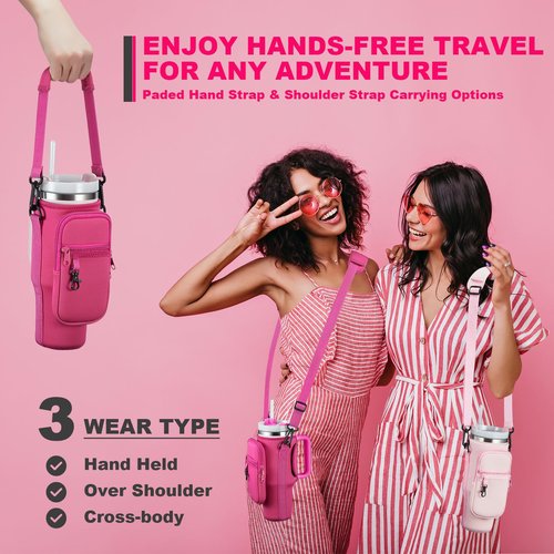 BULKITEM Water Bottle Carrier Bag with Phone Pocket for Pink Stanley 40 oz Tumbler with Handle, Hot Pink Insulated Neoprene Cup Holder Pouch Strap for Valentines Stanley Cup Accessories