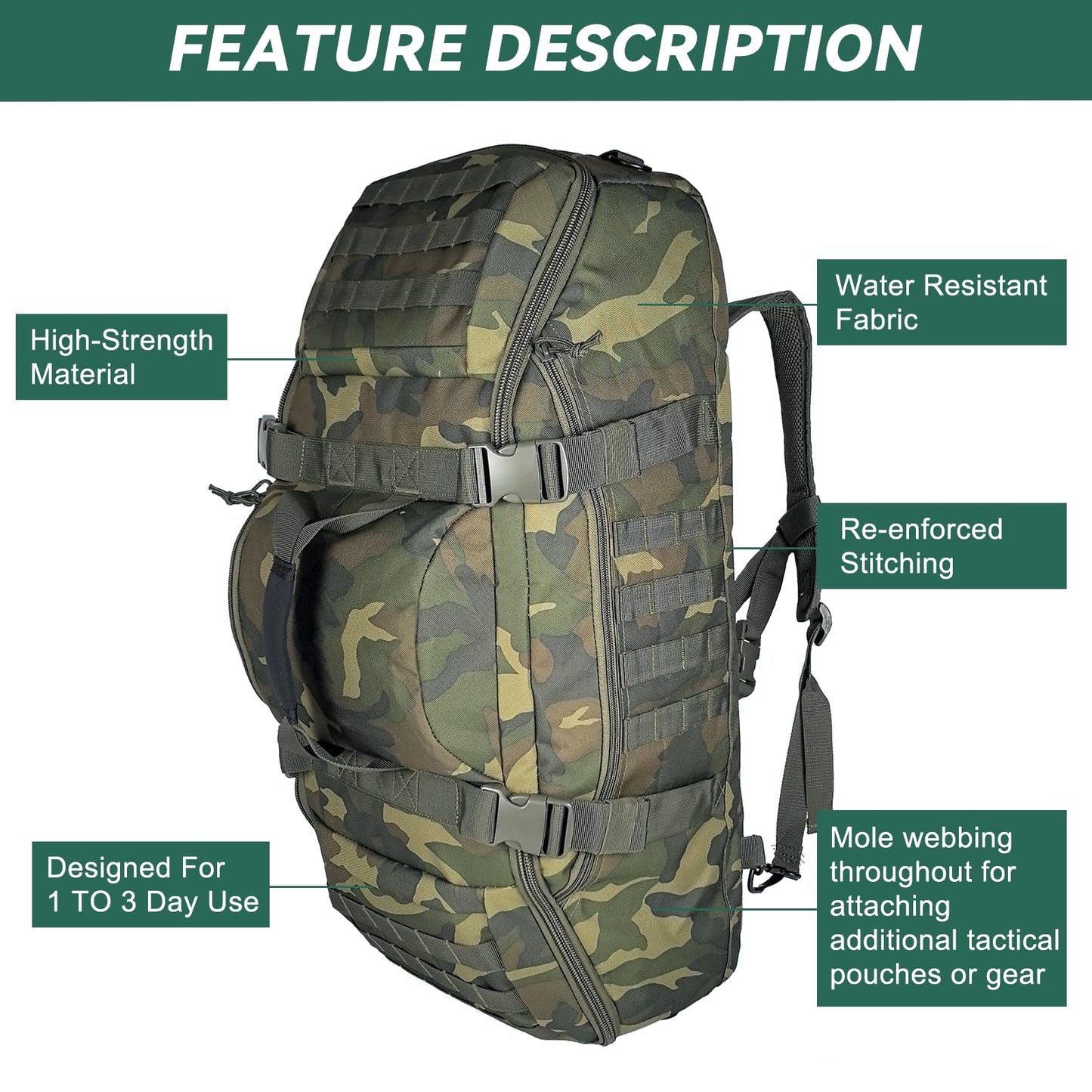 Hannibal Tactical 55L Large Duffle Bag, 3-in-1 Tactical Backpack MOLLE Pack for Sports, Gym, Outdoor, US Woodland