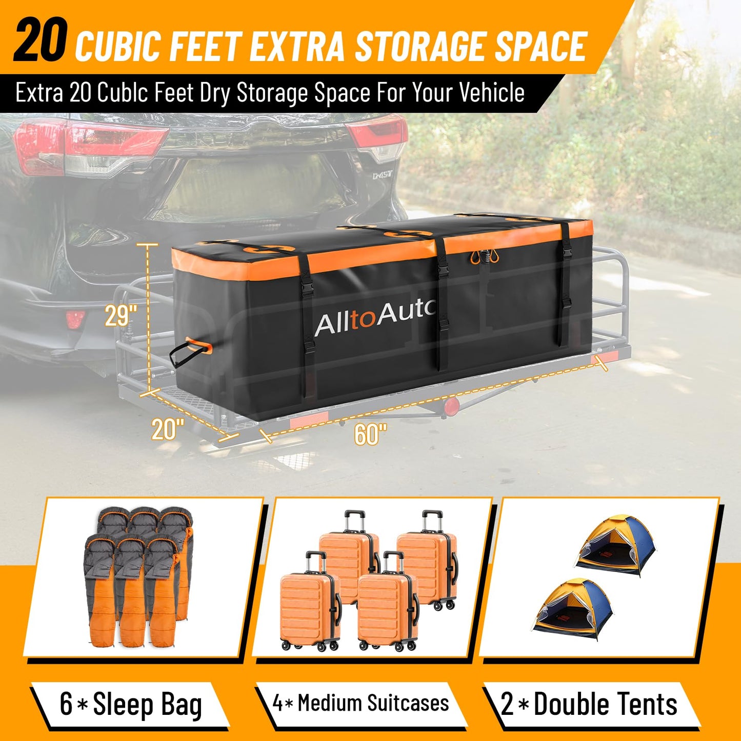 AlltoAuto 25 CuFt Waterproof Cargo Bag for Hitch Carrier | 60"x24"x31" Trailer Hitch Cargo Carrier | Weatherproof Truck Bed Storage with Straps, Lock & Carry Case | PVC Vehicle Soft-Shell Carriers