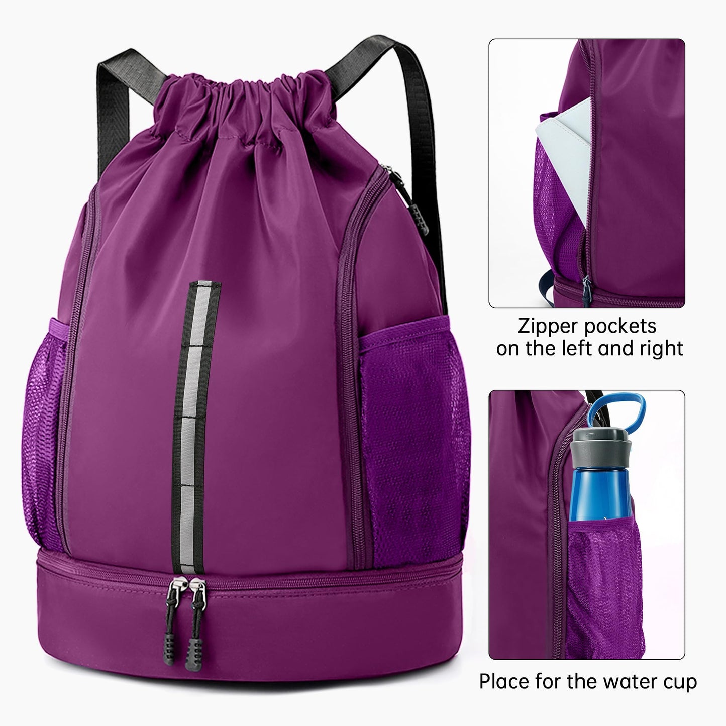 XMYAOWEI Sport Gym Bag Drawstring Backpack Beach Bag for Men Women with Shoe Compartment and Reflective Strips (Purple)