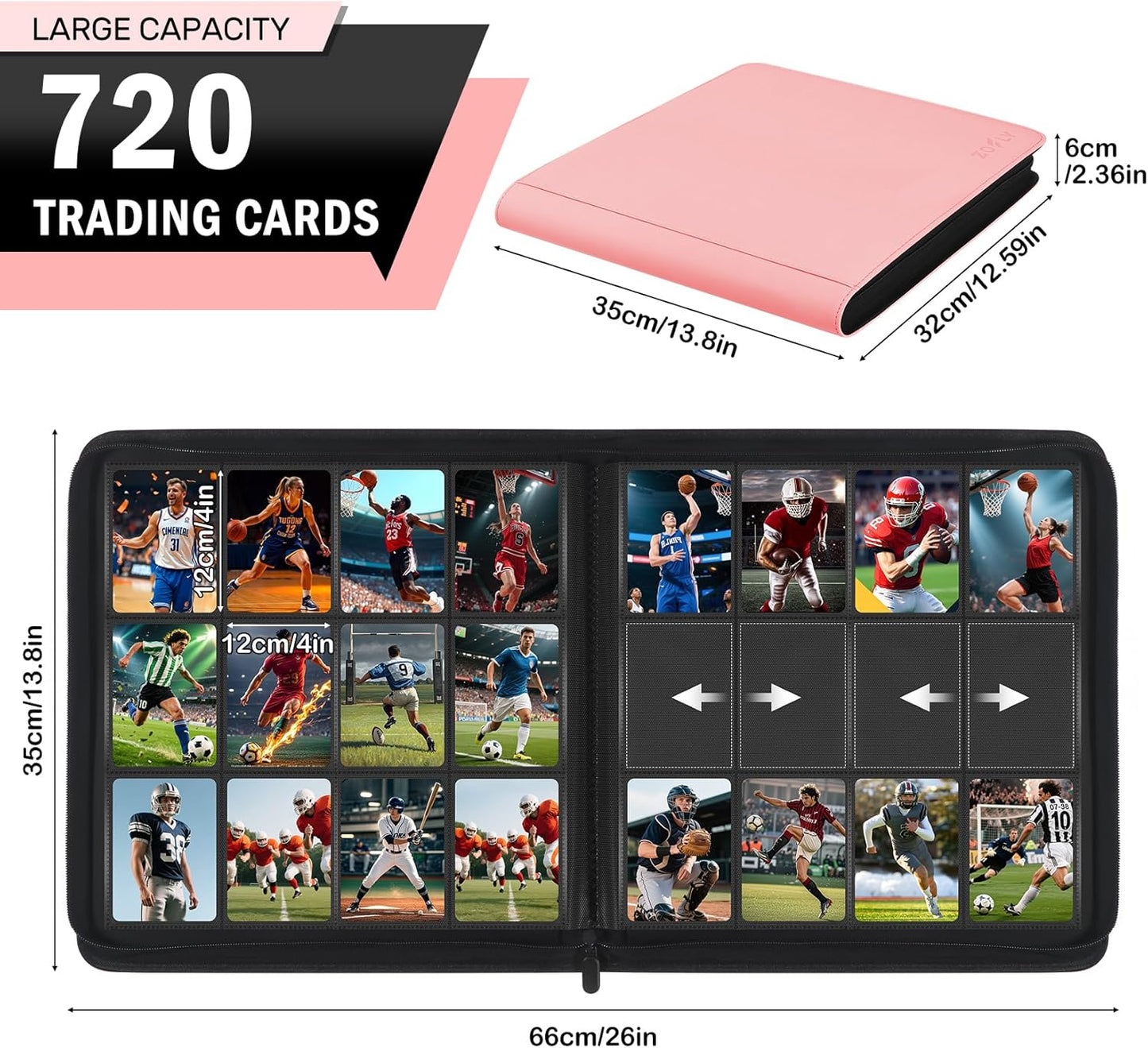 12 Pocket Card Binder, Zipper Trading Card Binder, 720 Large Capacity Side Loading Non-Ring Card Album, Double Sided Acid-Free Card Protector Binder, Card Collection for TCG, MTG, Sport Card, Pink