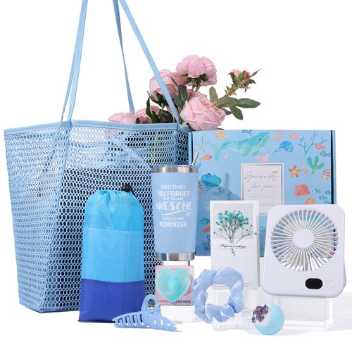Summer Beach Gifts for Women,79" X 83" Beach Blanket Waterproof Sandproof, Beach Mesh Tote Bags, USB Portable Fan, Vacation Essentials Birthday Gift Baskets for Mom Sister Wife Her as Travel Camping