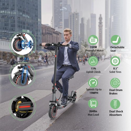 Electric Scooter for Adults Commute,Foldable with Detachable Seat&Phone Holder 21 Miles Range Top Speed 19MPH 8.5''Tires 350W Motor Dual Brake and Suspension Max Load 264LBS App Control for Teens
