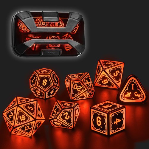 FONVGOGO Light up DND Dice Set Rechargeable,Cool LED D and D Dice 7pcs with Charging Box Polyhedral Dungeons and Dragons RPG Dice Set for Role Playing Table Game (Astral Shard Orange)