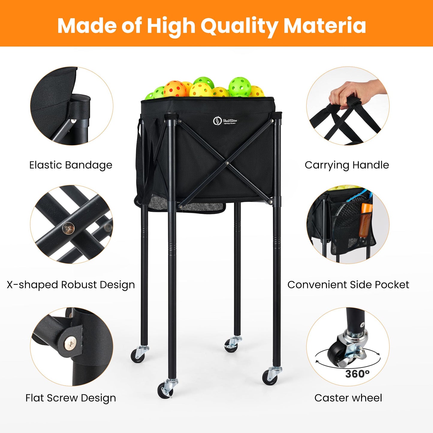 ShelfElites Portable Tennis Ball Hopper & Pickleball Basket, Foldable Tennis Ball Cart with Storage Bag, Multi-Sport Ball Collector for Training & Practice (Big)