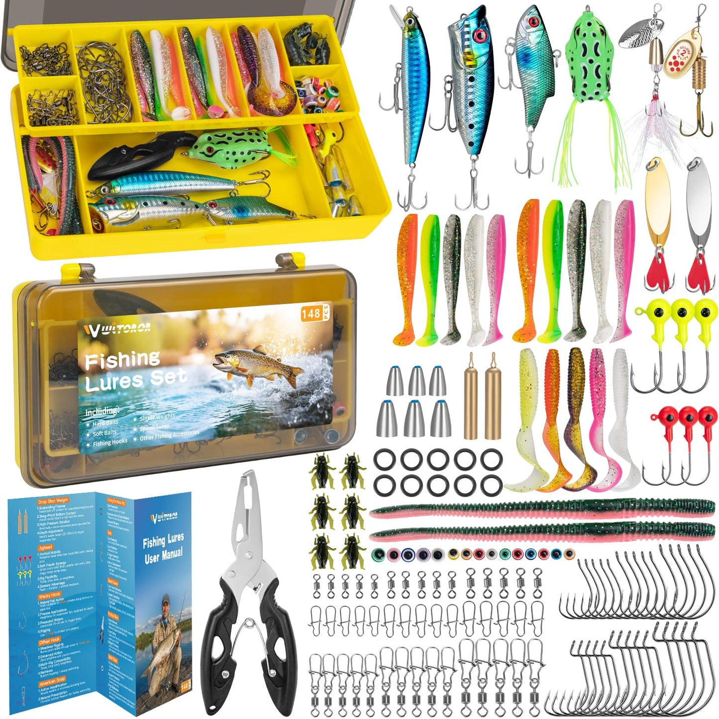 WITOROR Fishing Lures, 148Pcs Tackle Box with Tackle Included, Crankbaits, Spoon, Hooks, Weights & Other Accessories, Fishing Bait Lure Gear Kit Gifts for Men Bass Freshwater