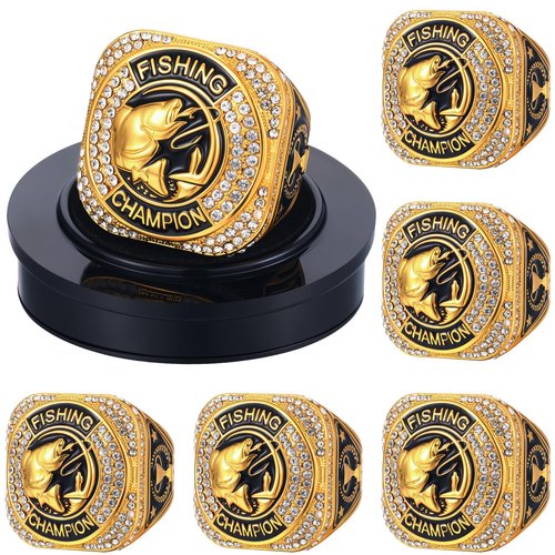 Liliaafar 6 Sets Fishing Championship Trophy Ring Gold Ring Awards Prize with Display Neck Chain and Stand Large Mouth Bass Trophies Gift for Fishing Tournaments Competitions Ceremonies, Size 11