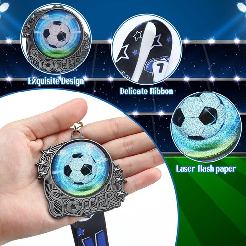 Seenelling 12 Pcs Soccer Medals Trophy Silver Metal Sport Ball Award Medals with Ribbon for Participation Sports Themed Party Favors