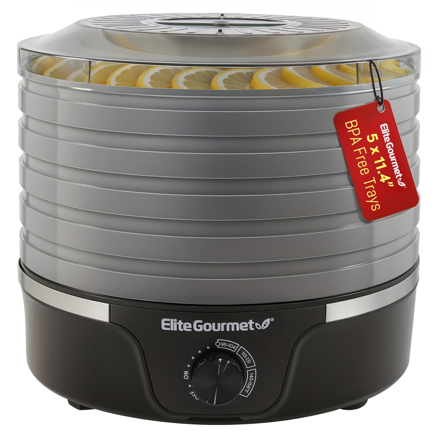 Elite Gourmet EFD319BNG Food Dehydrator, 5 BPA-Free 11.4" Trays, Black/Grey