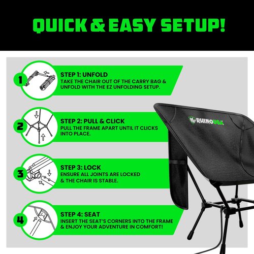 Rhino USA Portable Camping Chair (400lbs Capacity) - Collapsible Compact Lightweight Camp Chair for Backpacking, Hiking & Fishing - Small Foldable and Portable Camping Chairs for Adults and Kids
