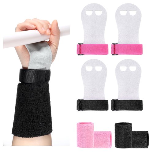 AOZUO 4 Gymnastics Gloves for Bars Girls, Gymnastics Grips Wristbands Sets Pink Black Gymnastic Hand Grips with Wristbands Gymnastic Bar Palm Protection Wrist Support for Kids Workout Exercise(S)