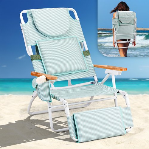 VINGLI Deluxe 3 in1 Beach Chair, Tanning Chair with Face Hole, Reclining Lounge with Foot Rest, Cup Holder and Storage Bag，Beach Lounge for Outdoor-Yellow