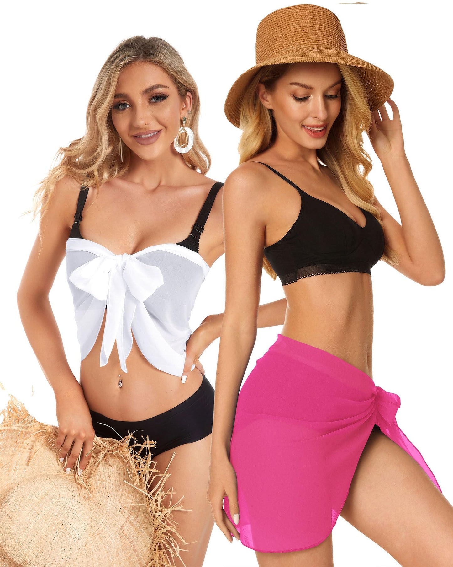 2 Pieces Sarong Cover Ups for Women Beach Bathing Suit Wrap Sheer Short Skirt Bikini Chiffon Scarf for Swimwear (White & Light Pink)
