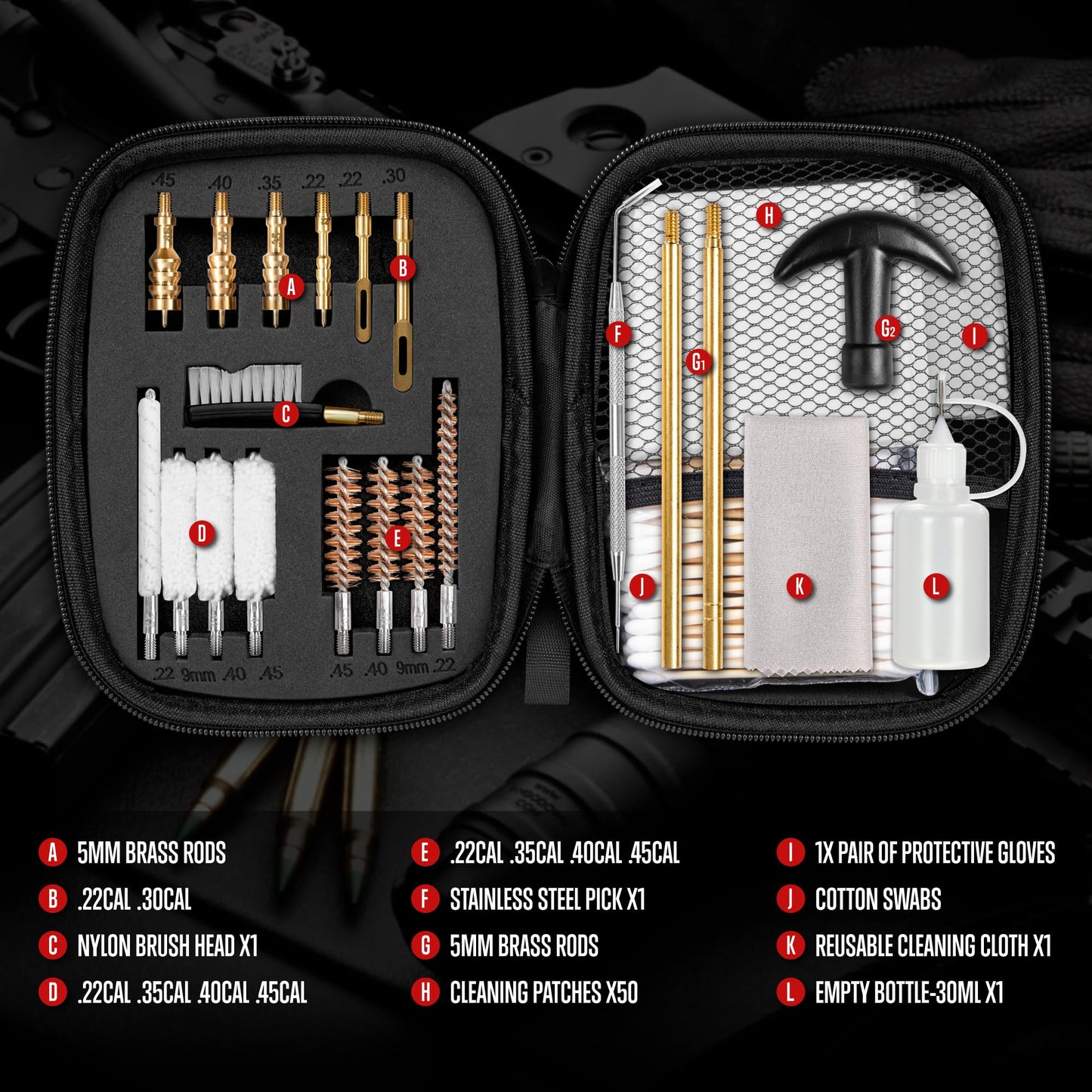 GLORYFIRE Gun Cleaning Kit Fits .22 .357/9mm .38 .40 .45 Cal Handguns & Pistols Compact Carrying Case Multiple Styles with Brass or Plastic Jags & Tips for Shooting and Range (Elite Jet)