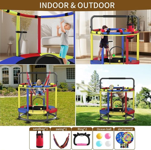 Trampoline for Kids, Full Anti-Rust 440lbs Anti-Rollover Round Bottom Toddler Trampoline, T-handrail Adjustable Baby Toddler Trampolines Dart Board Dark Red Yellow Blue (Dark Red Yellow Blue, 55)