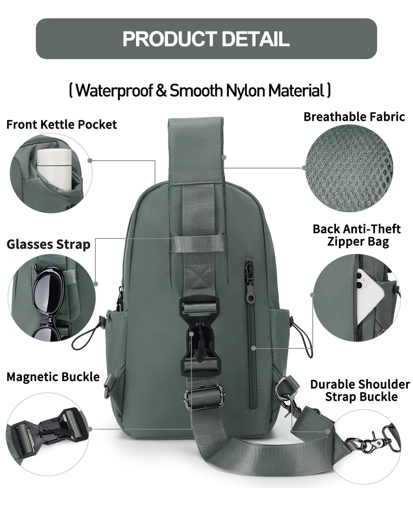 SEAFEW Small Green Sling Crossbody Backpack Shoulder Bag for Men Women - Mini One Strap Sling Bag Fanny Pack Daypack, Waterproof Nylon Chest Bag for Motorcycle Hiking Travel Gym Sport