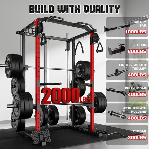 Goimu R1-V4 Power Cage Rack, 2000LB Squat Rack with Cable Crossover System, Multi-Function Weight Cage, Home Gym Workout Machine with More Training Attachments (R1-V4-Power Cage RD)