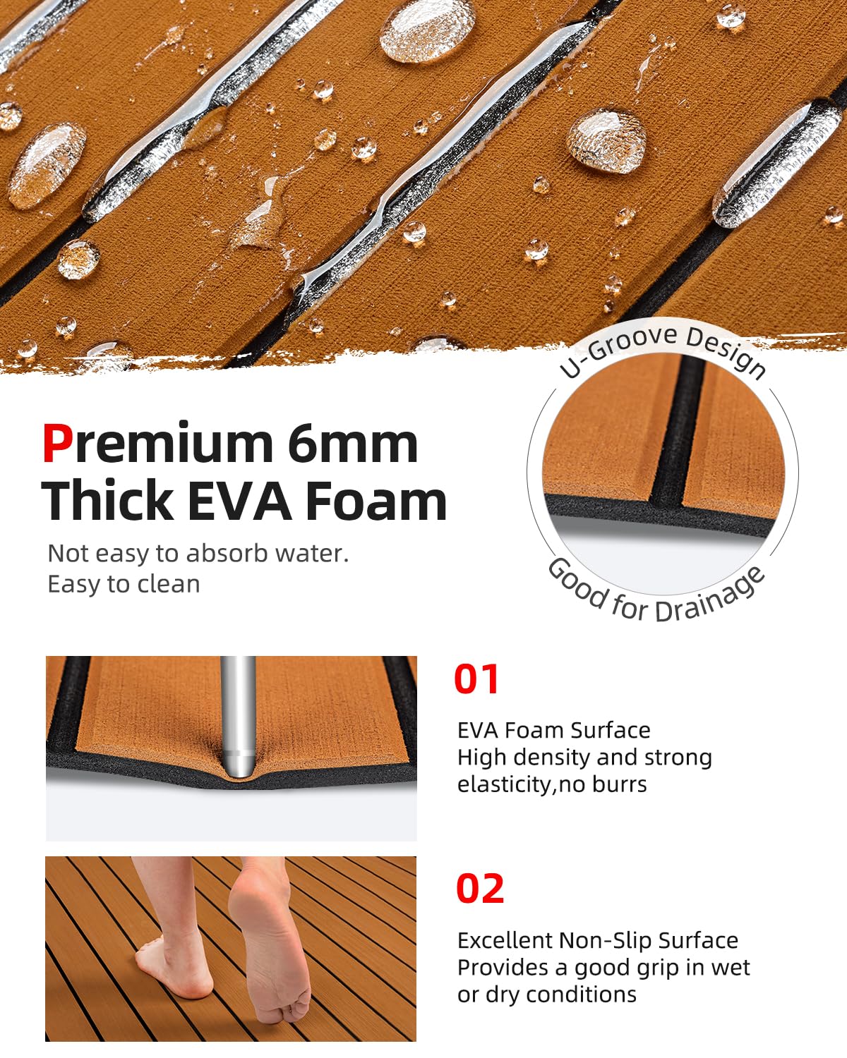 Abahub EVA Foam Boat Decking 96''x28.8'' Self-Adhesive Faux Teak Marine Flooring Sheet Traction Pad for Boats Surfboard, Brown with Black Seam Lines