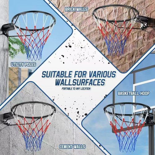 Airjam Basketball Rim, 18" Replacement Wall Mounted Outdoor Basketball Hoop, Heavy Duty Solid Steel, Double Spring Basketball Hoop Rim with All Weather Net for Indoor and Outdoor Hanging, Black