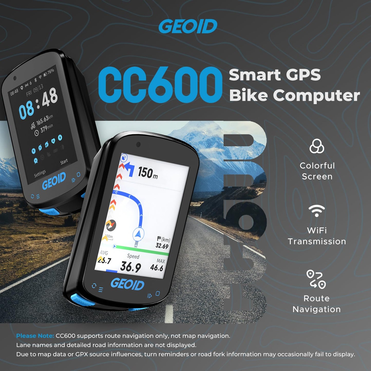 GEOID CC600 Color Screen Bike/Cycling Computer Wireless - Route Navigation with Reroute Planing, WiFi & Bluetooth, Fast 5s GPS Positioning, Free Indoor Training