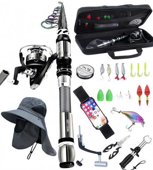 BNTTEAM Portable Fishing Spinning Rod and Reel Combo Set Carbon Fiber Fluorescent Rod Tip, with Fishing Lures Line Carrier Bag Kits for Travel Surf Saltwater Freshwater (Sliver, 2.1M/82.6in/6.88ft)