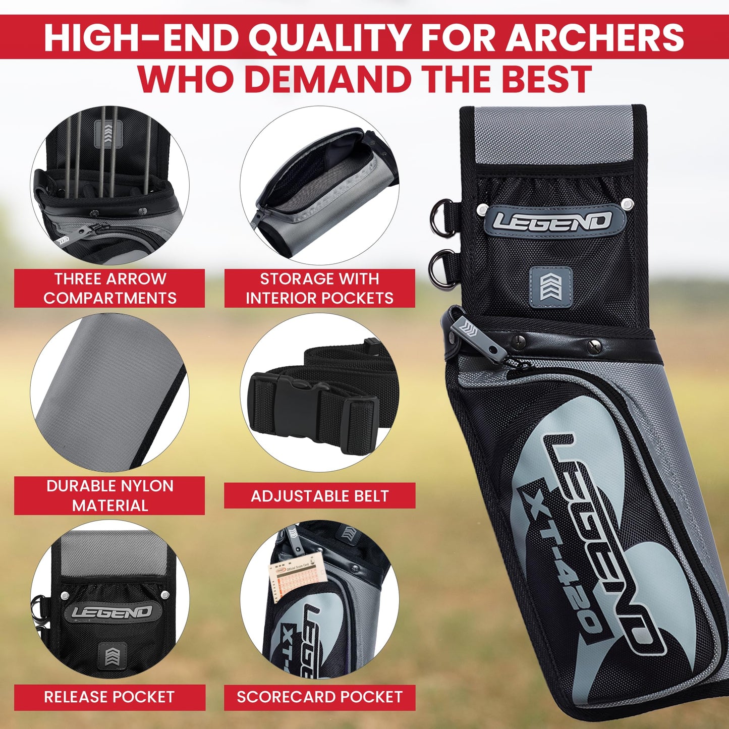 Legend XT420 Arrow Quiver - Quiver Arrow Holder, Archery Quiver with 3 Arrow Tube, Durable Nylon Hip Quivers with Multiple Pockets for Archery Accessories, Score Card & Tools - Right Handed, Grey