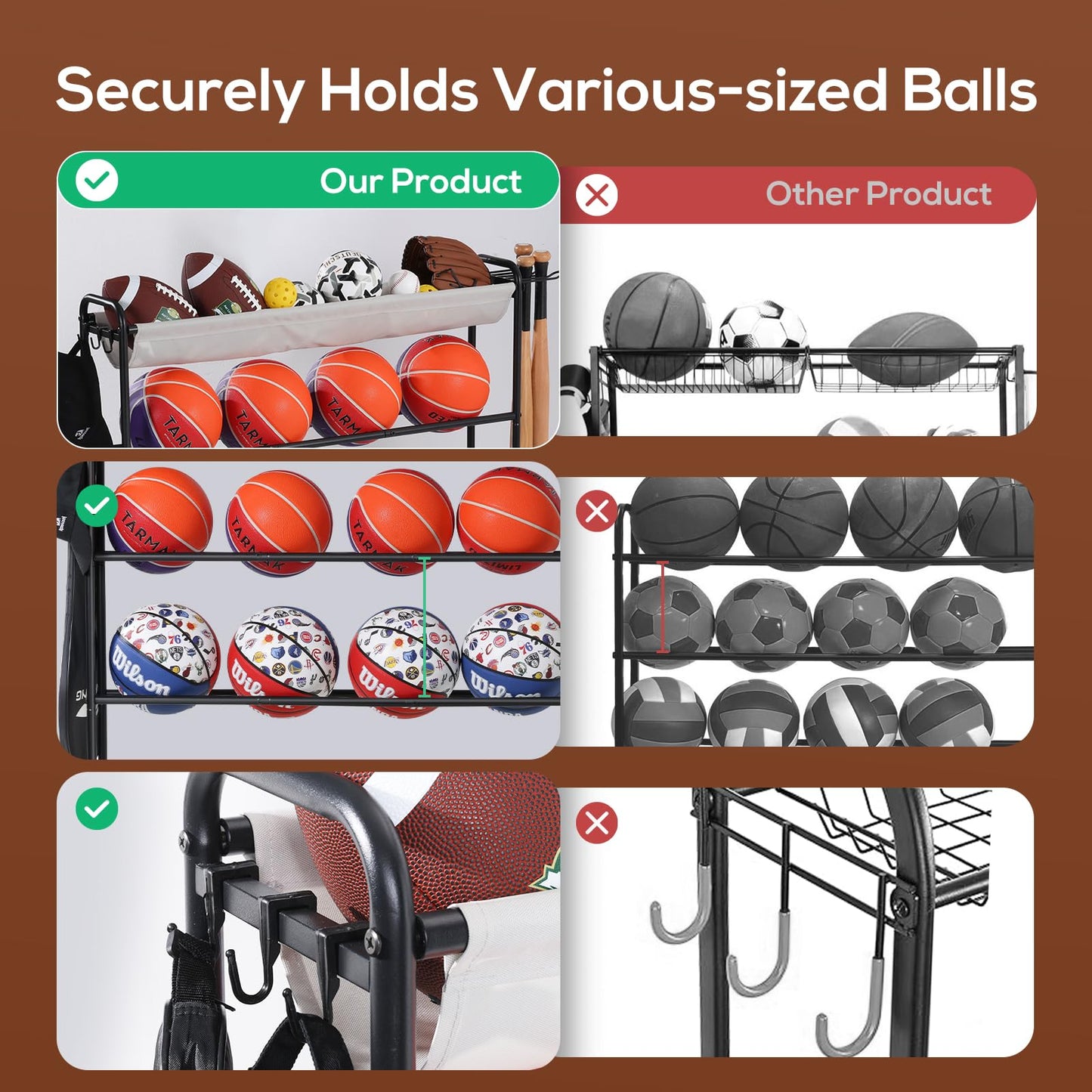 Holbrett Basketball Rack, Rolling Ball Storage Stand with Baseball Bat Holder Storage Cart and Movable Hooks 4-Layer Organizer Holder with Wheels for Volleyball Football Rugby Balls