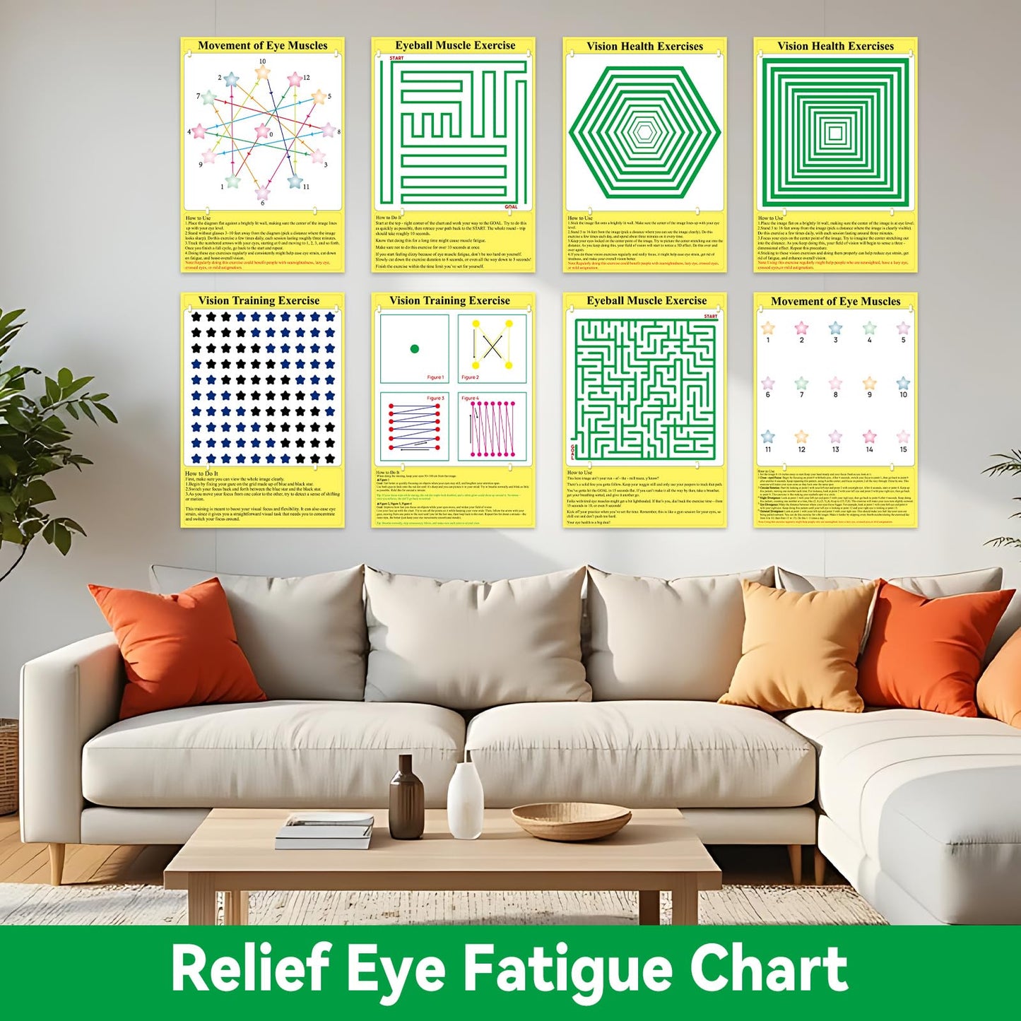 8 Pack Eye Exercise Chart- Visual Muscle Relaxation Chart Eye Fatigue Relief Eye Training Posters Eyes Strain Vision Therapy 3D Visual Stimulation Wall Art for Home School Classroom Office Desk Signs