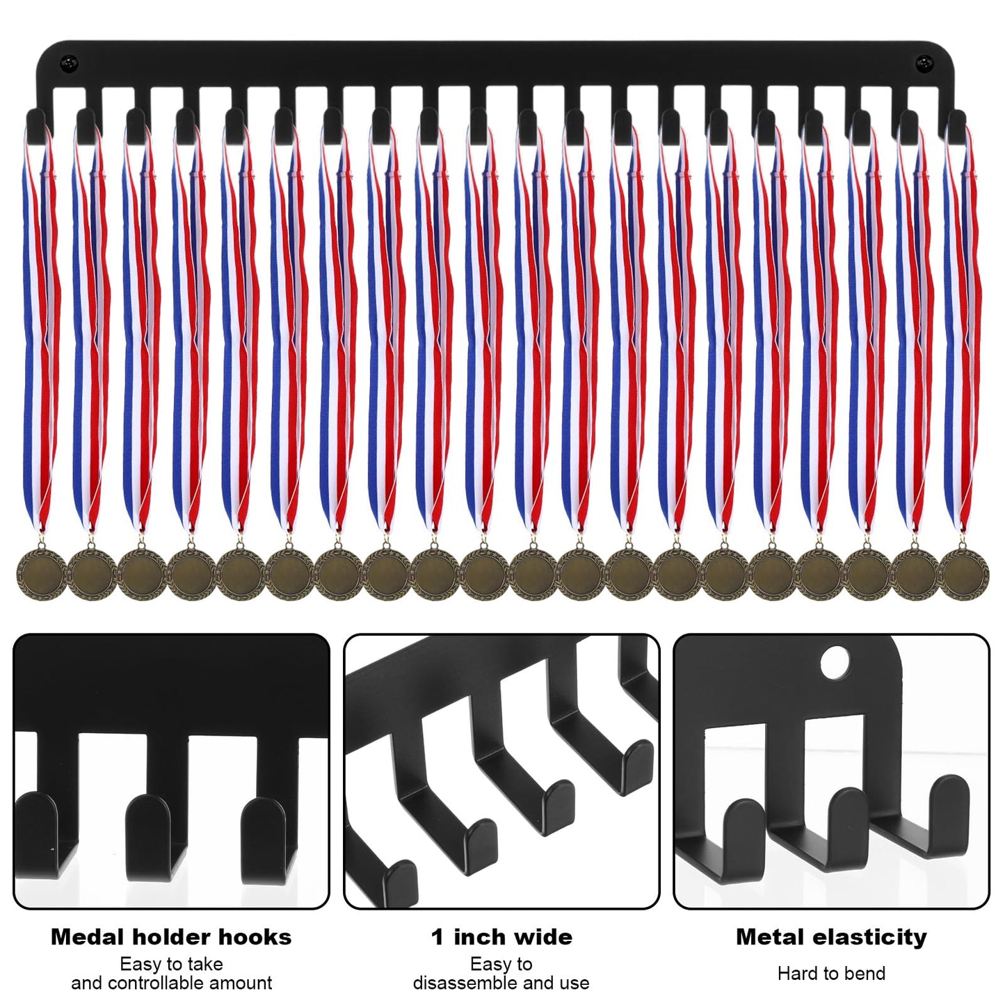 Nodaaiie 2 Pack Medal Hanger Display with 20 Hooks, Medal Holder for Wall, Sports Medal Holder for Running, Gymnastics, Soccer, Wrestling, and More, Easy to Install