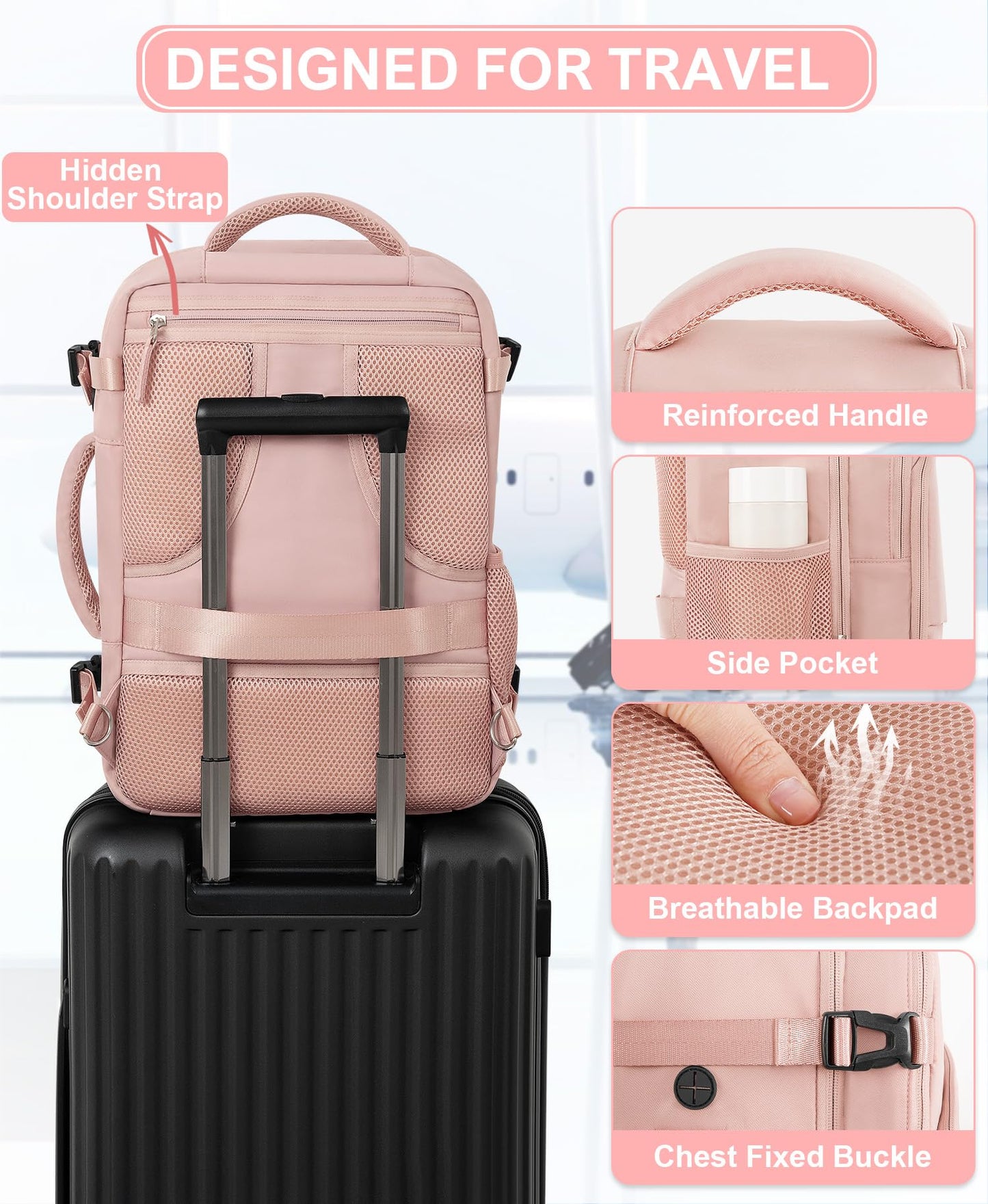 Beraliy Travel Backpack for Women Airline Approved Carry On Backpack, 16 Inch Business Work Backpack with Laptop Compartment, Airplane Personal Item Travel Bags for Trip, Underseat Weekend Bag, Pink