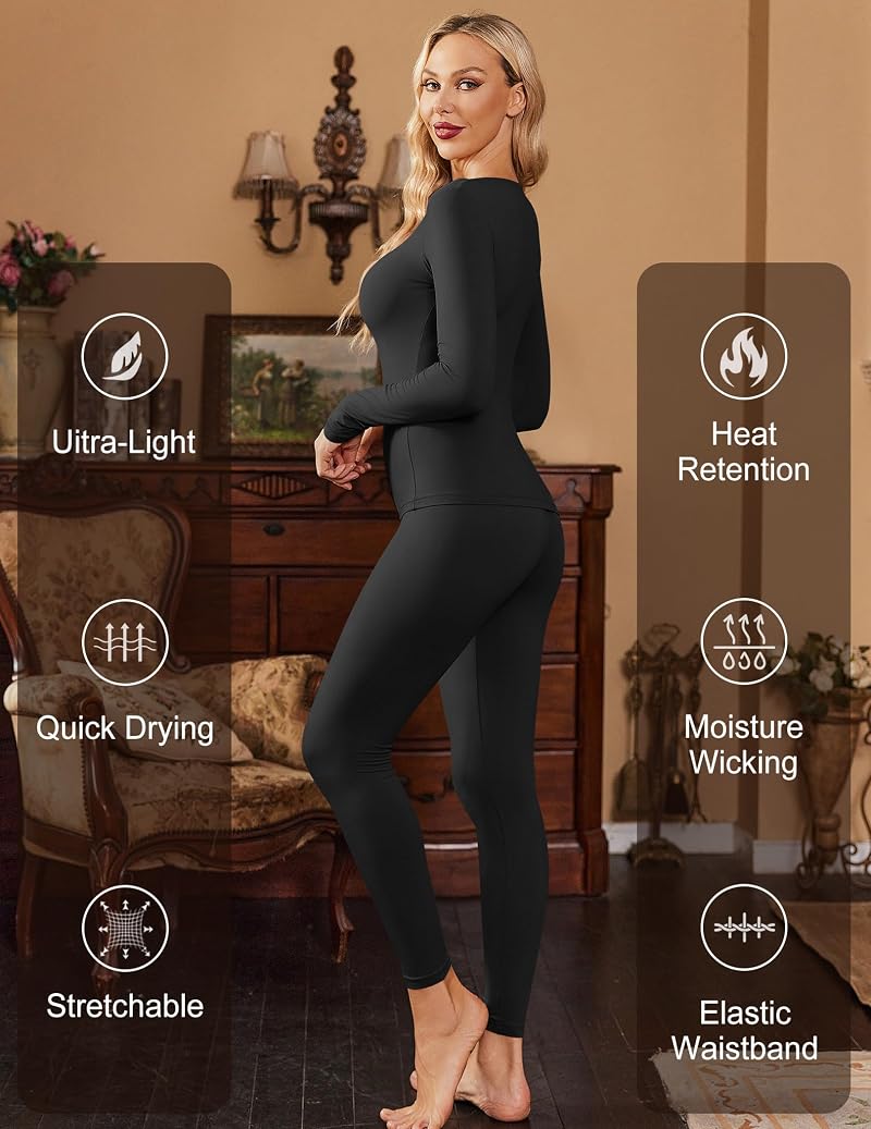 Ekouaer Thermal Underwear for Women Long Johns Base Layer Set – Black, Large