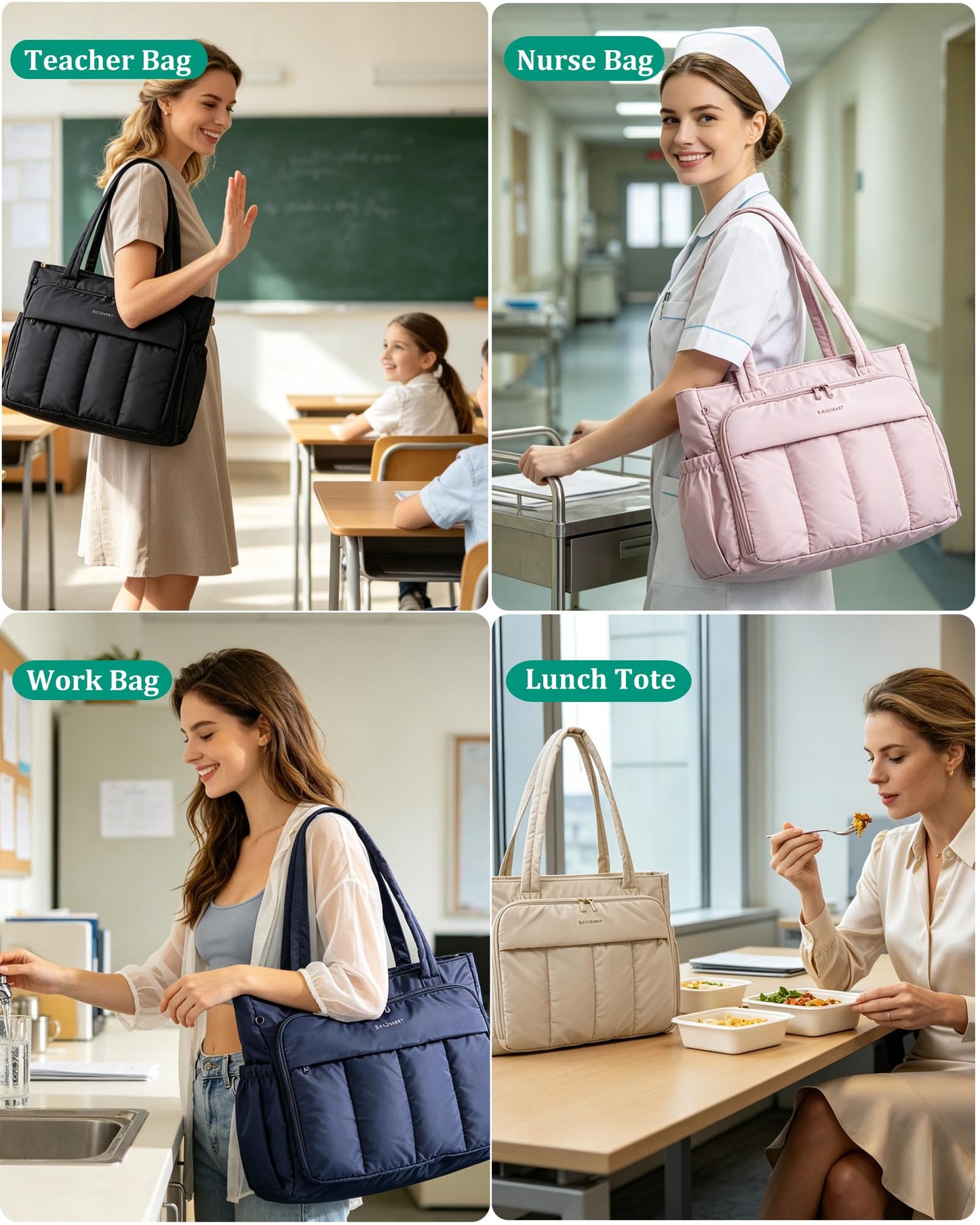 BAGSMART Laptop Tote Bag, Lunch Tote Work Bag with Lunchbox Compartment, Large Puffer Teacher Nurse Tote Large Shoulder