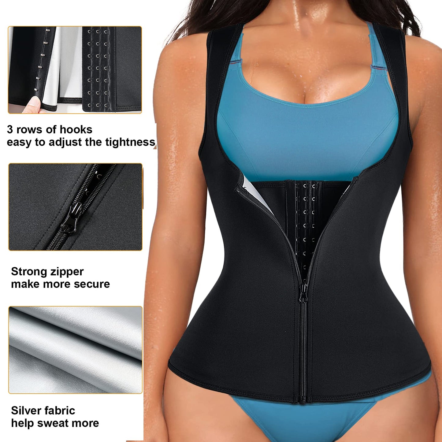 LANCS Sauna Suit for Women Sweat Waist Trainer Zipper Vest Cincher Body Shaper Corset Slimming Workout Tank Tops (Black, Large)