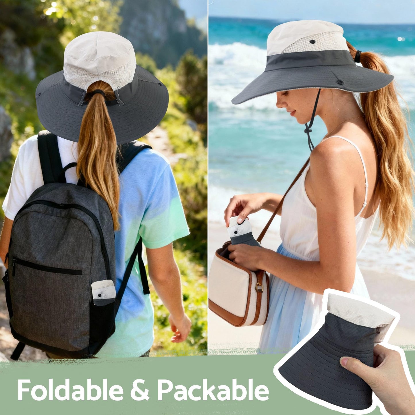 NPQQUAN Ponytail Sun Hats for Women UPF 50+ Wide Visor UV Protection Packable Hat for Beach Hiking Gardening Pink/Grey