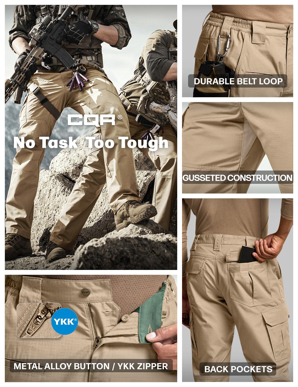 CQR Men's Tactical Pants, Water Resistant Ripstop Cargo Pants, Lightweight EDC Work Hiking Pants, Outdoor Apparel, Raider Khaki, 38W x 30L