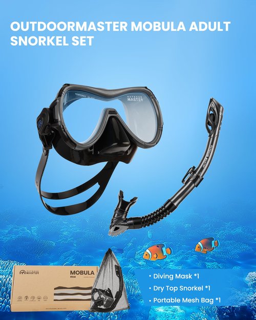 OutdoorMaster Mobula Snorkeling Gear for Adults, Diving Mask and Snorkel Set with Tempered Glass Anti-Fog, TOP Dry Snorkel for Diving Snorkeling Swimming,Black