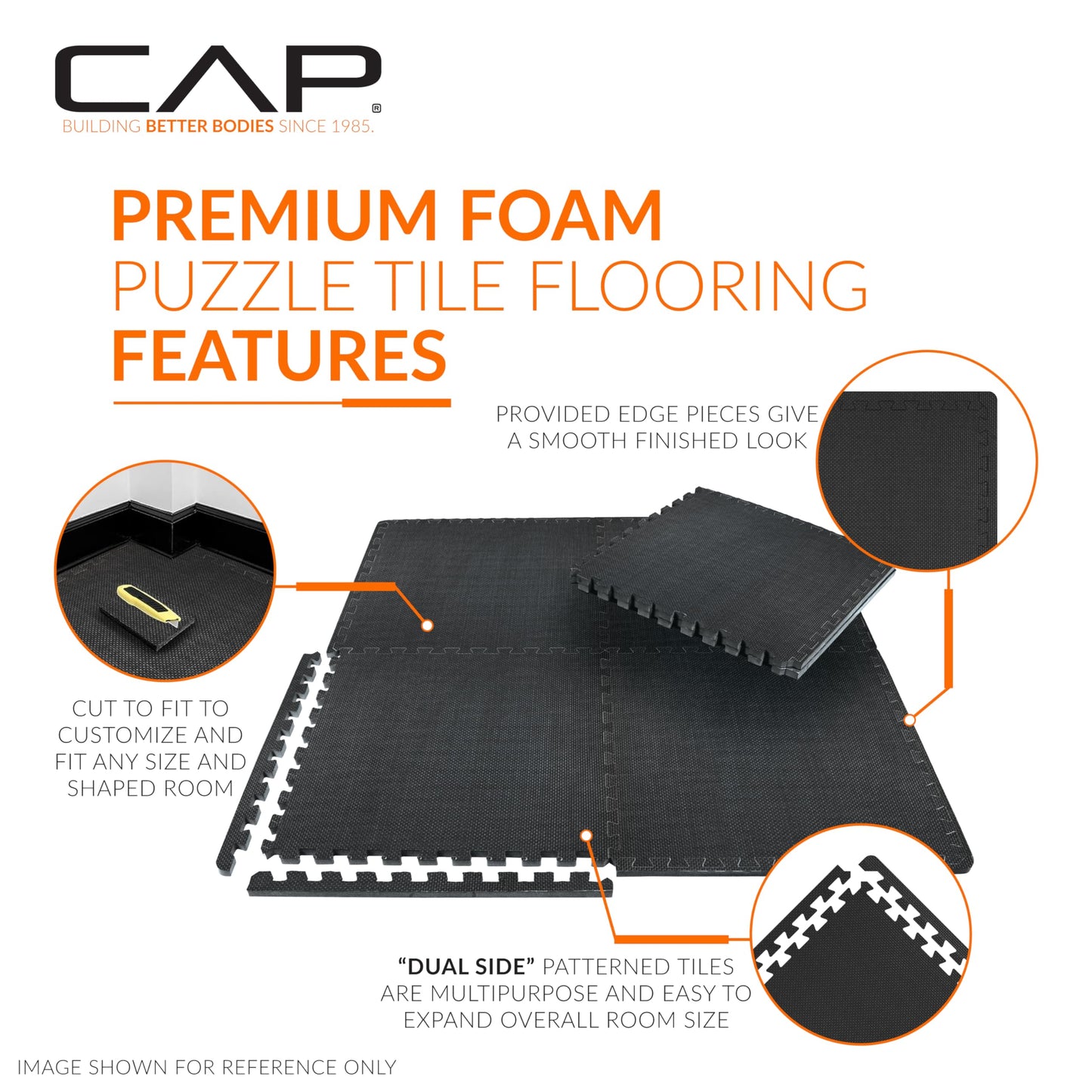 CAP Barbell 3/4-Inch Interlocking EVA Foam Exercise Puzzle Mat Home Gym Flooring - 3 Pack | 24" x 24" x 3/4" | T Pattern - Black