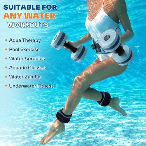Sportneer Water Aerobics Pool Exercise Equipment Water Workout Combo Set Includes High Density Water Dumbbell Aqua Belt Water Ankle Weights for Aquatic Therapy Pool Fitness Water Exercise Blue