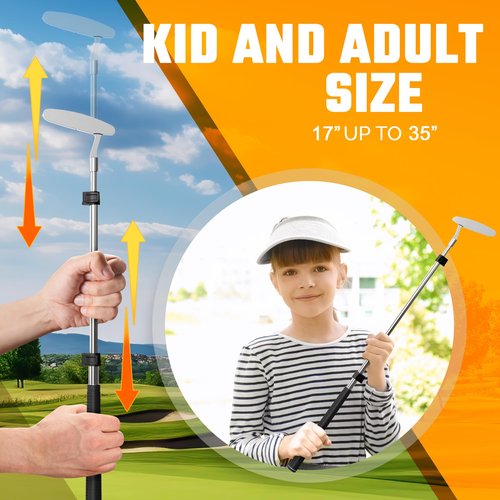 Go for It Golf Kids Putter with Extendable Shaft - Adjustable Size for Junior Golfers - Right Handed - Ideal Training Club for Children, Youth - Includes 3 Balls, Cup with Flag - Silver, 17"-35"