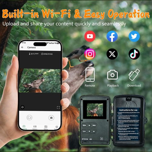 5K Trail Camera, WIFI 60MP Camera, 64GB SD Card, APP Control, Night Vision for Outdoor, Monitoring Game Cameras for Wildlife, Motion Activated 0.2s, IP66 Waterproof, 120°Wide Angle, H.264 MP4 Video