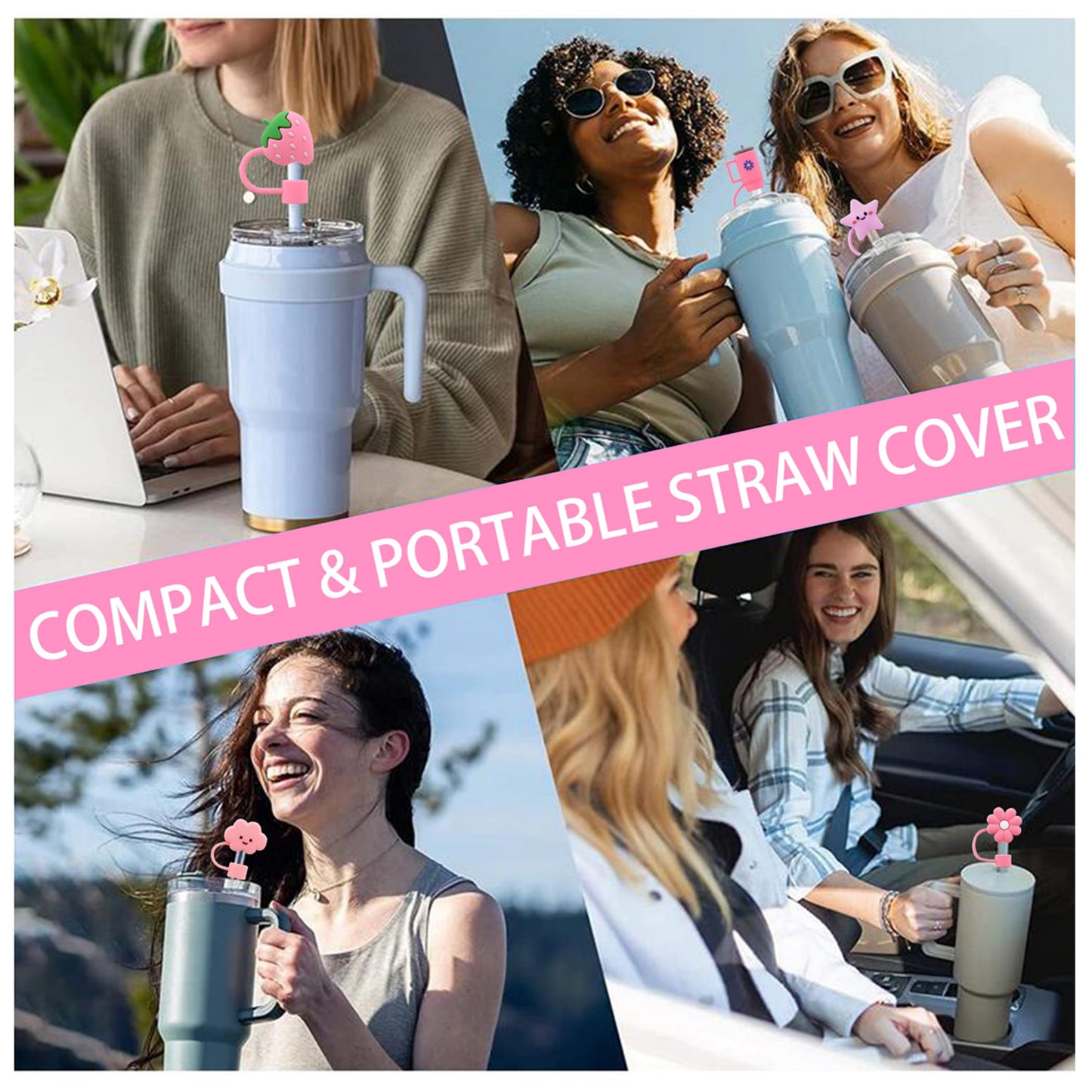 Meitesti Cover Cap for Stanley Cups, Topper Compatible with 30 & 40 Oz Tumblers, Reusable Dust-Proof Silicone Lids, Drinking Straw Covers, 6pcs All Pink