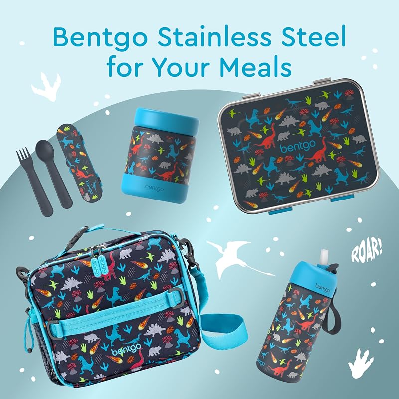 Bentgo Kids 14 oz Stainless Steel Water Bottle - Leak-Proof Bite & Sip (Dinosaur Variation)