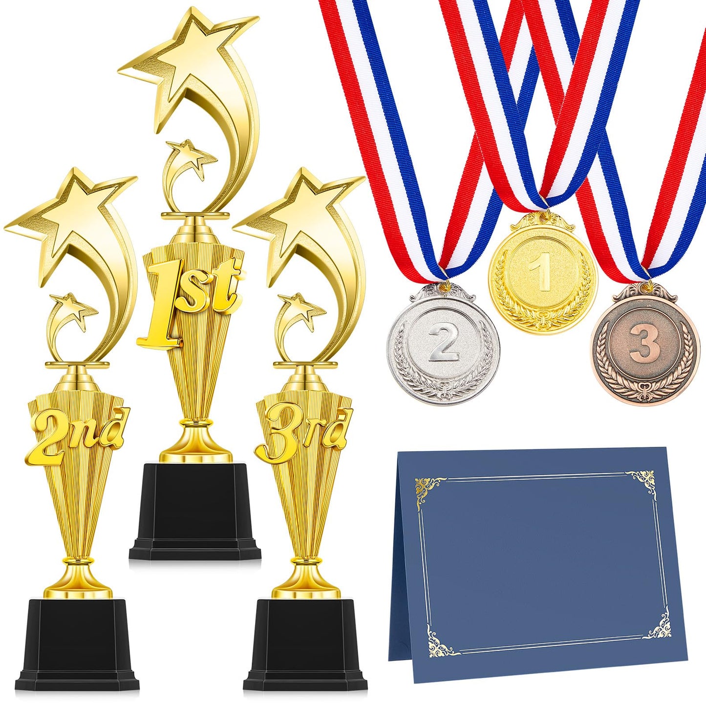 Motionchic 12 Pcs 1st 2nd 3rd Place Trophy Set 3 Award Medals in Gold Silver Bronze 3 Certificate Holders with Pages for Sports Basketball Soccer Competitions Reward Ceremony(Classic)