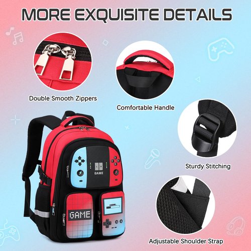 Gamer Backpack for Boys , 3PCS Boys Backpack with Lunch Box & Pencil Pouch, Waterproof School Bags for Boy Kids Children Teens, Elementary Middle School, Kids Book Bag Casual Daypack (Red Black)