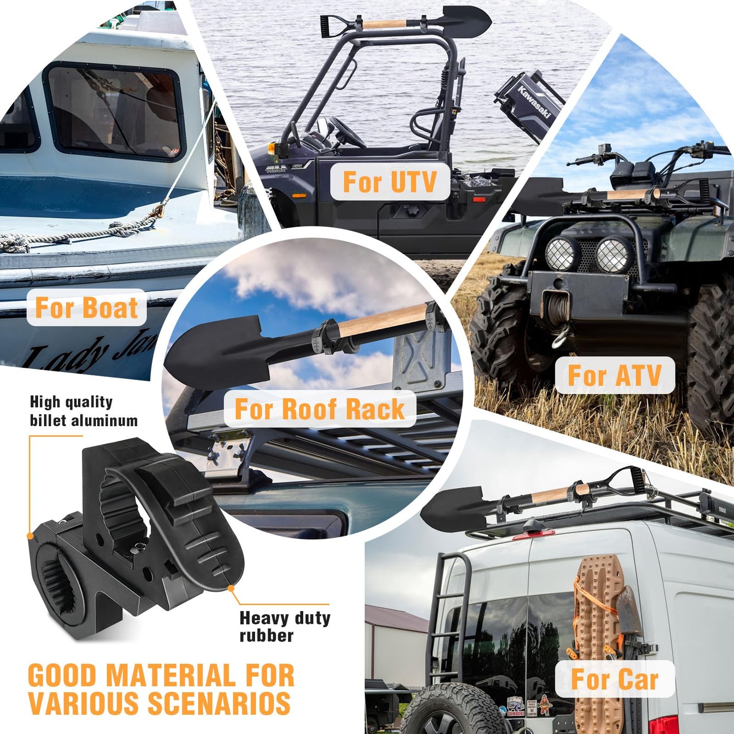 Quick Release Shovel Holder Mount Roof Rack Shovel Mounts for Trucks Off-Road Vehicles UTVs ATVs with 1" 1.5" 1.75" Bull Bars Roof Racks Roll Cages Hold 29-36mm Diameter Tools 1 Pair
