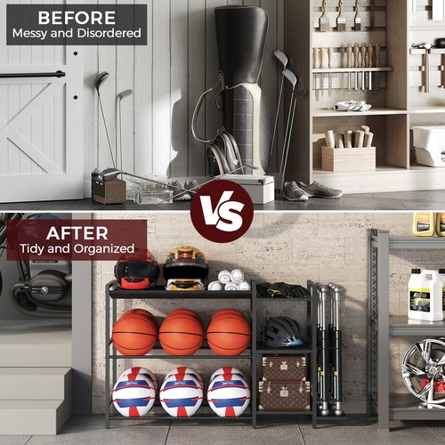 MAHANCRIS Sports Equipment Organizer, 3 Tier Ball Storage Rack with Baseball Bat Holder, Indoor & Outdoor Basketball Racks for Volleyball, Football, Garage Organizer with Sheleves, Black BEHR17301