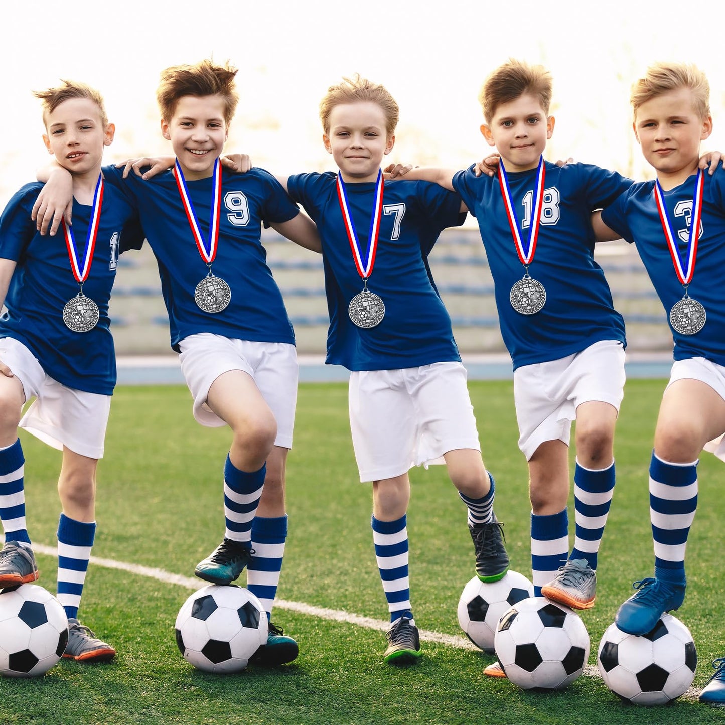 Remuuly 30 Pcs Silver Medals Bulk 2'' Basketball Soccer Volleyball Hockey Medals for Awards Metal Trophy with Neck Ribbons for Sports Participation Winner Tournaments Gift(Soccer)