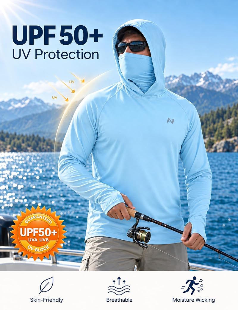 Mens UPF 50+ Sun Hoodie Long Sleeve Fishing Shirt with Face Mask - Light Blue (Medium) - isnowood